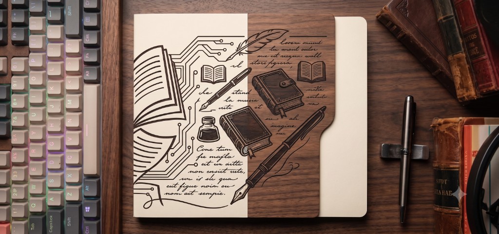 Scrivania di Paolo Riva: tastiera, libri e illustrazione penna e circuiti